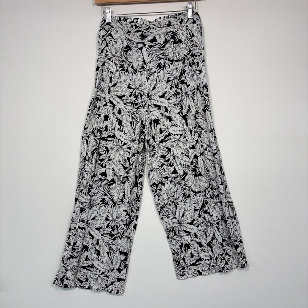 Tribal Sport Women Pants M Black White Tropical Palm Leaf Wide Leg 1006O-2352